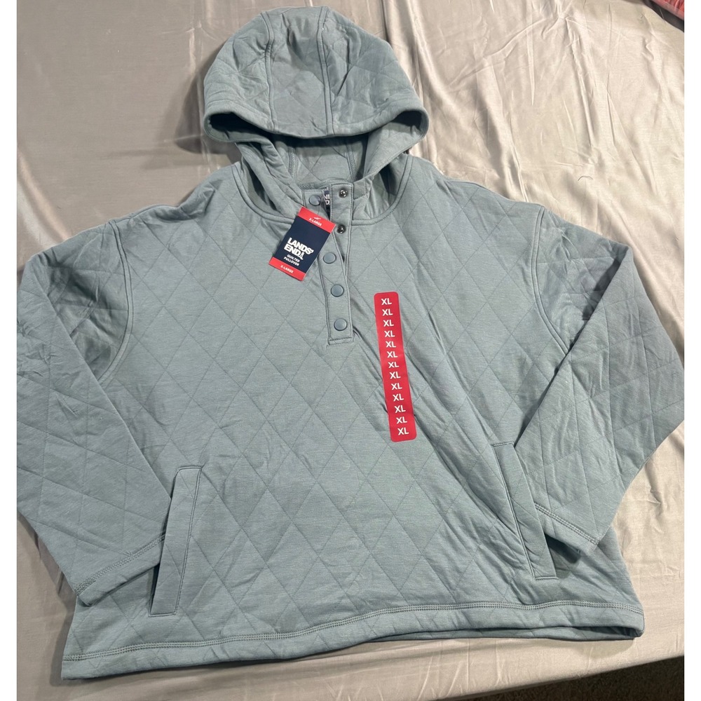 Lands End Womens Quilted Pullover Hoodie Blue Snap Neck XL 16-18 NWT